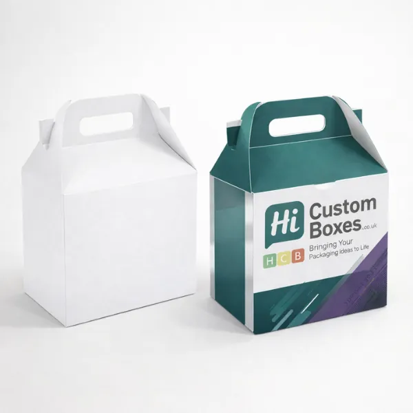 Two cardboard gable boxes with handles- featuring a plain white version and a branded version- class=